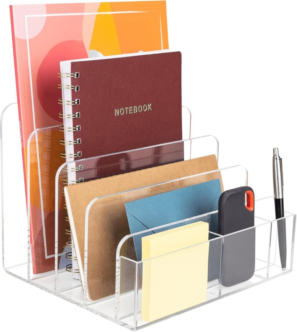 Acrylic Desk Filer, Clear File Holder for Office Organization - Acrylic File Organizer, File Sorter for Folders, Mail, Magazines, Pens, Books, Letters - Patent Pending