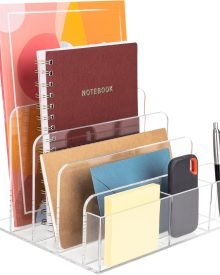 Acrylic Desk Filer, Clear File Holder for Office Organization - Acrylic File Organizer, File Sorter for Folders, Mail, Magazines, Pens, Books, Letters - Patent Pending