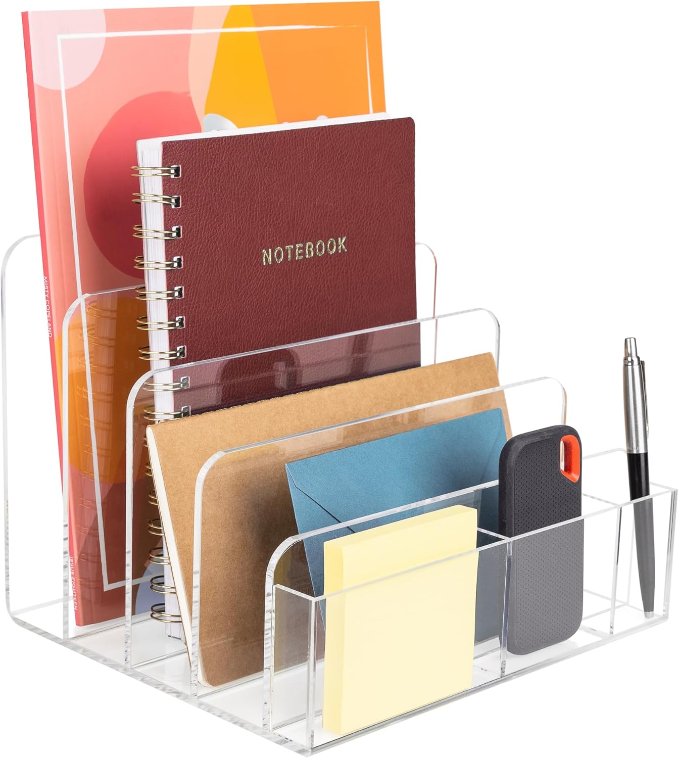 Acrylic Desk Filer, Clear File Holder for Office Organization - Acrylic File Organizer, File Sorter for Folders, Mail, Magazines, Pens, Books, Letters - Patent Pending