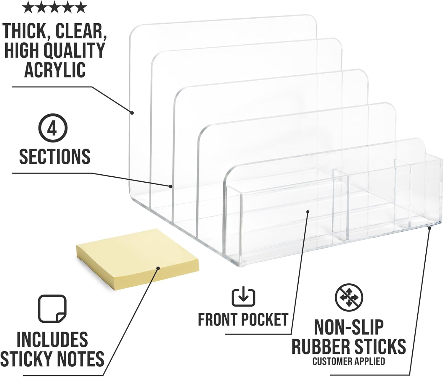 Acrylic Desk Filer, Clear File Holder for Office Organization - Acrylic File Organizer, File Sorter for Folders, Mail, Magazines, Pens, Books, Letters - Patent Pending - Image 2