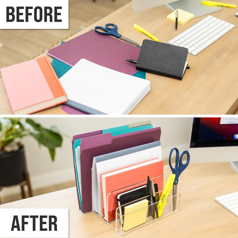 Acrylic Desk Filer, Clear File Holder for Office Organization - Acrylic File Organizer, File Sorter for Folders, Mail, Magazines, Pens, Books, Letters - Patent Pending - Image 3