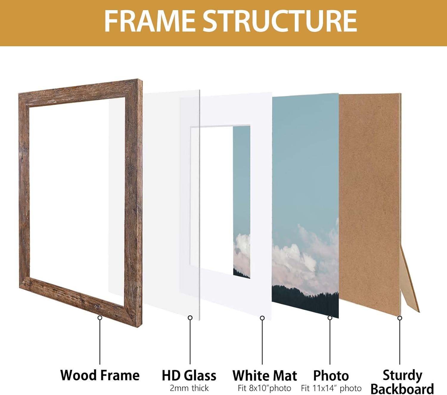 Califortree Rustic Brown 11x14 Picture Frame - Display Photos 8x10 with Mat or 11x14 Without Mat - Real Glass Inside - Set of 2 - Image 4