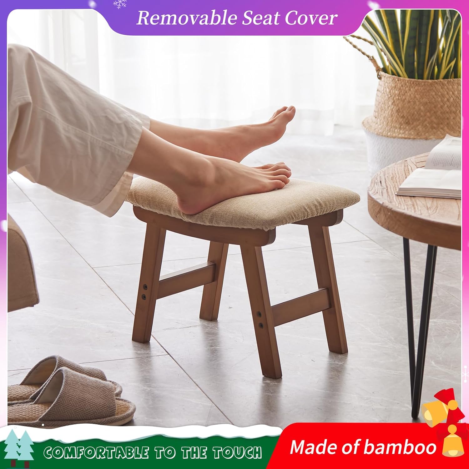 Foot Stool,Ottoman and Footstool,Small Sofa Foot Rest,Bamboo Foot Stool Under Desk,Extra Seating for Living Room, Bedroom and Kitchen (Brown Stool Legs - Beige Surface) - Image 3