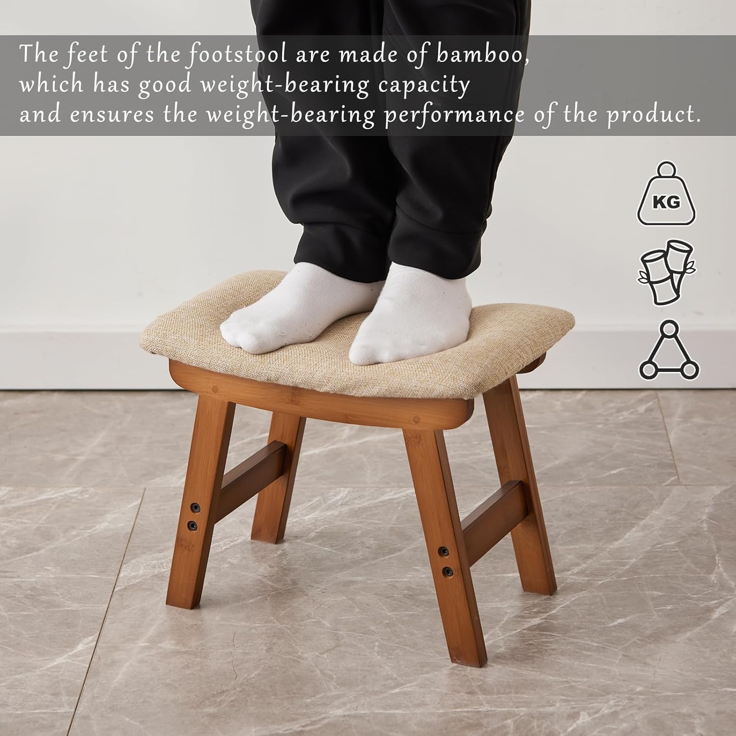 Foot Stool,Ottoman and Footstool,Small Sofa Foot Rest,Bamboo Foot Stool Under Desk,Extra Seating for Living Room, Bedroom and Kitchen (Brown Stool Legs - Beige Surface) - Image 4