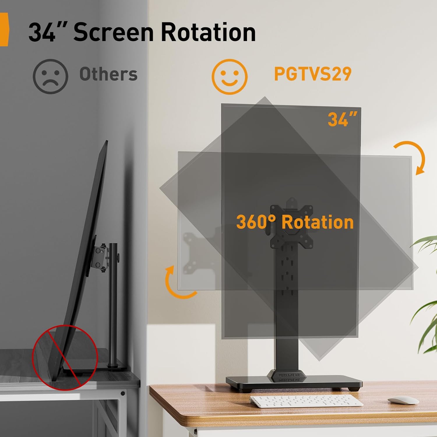 Perlegear Monitor Stand, Freestanding Monitor Mount for 13-34 inch Screens with 360 Degree Rotation, 5 Height Settings, Adjustable Monitor Desk Riser with Swivel and Tilt, Max VESA 100x100mm, PGTVS29 - Image 2