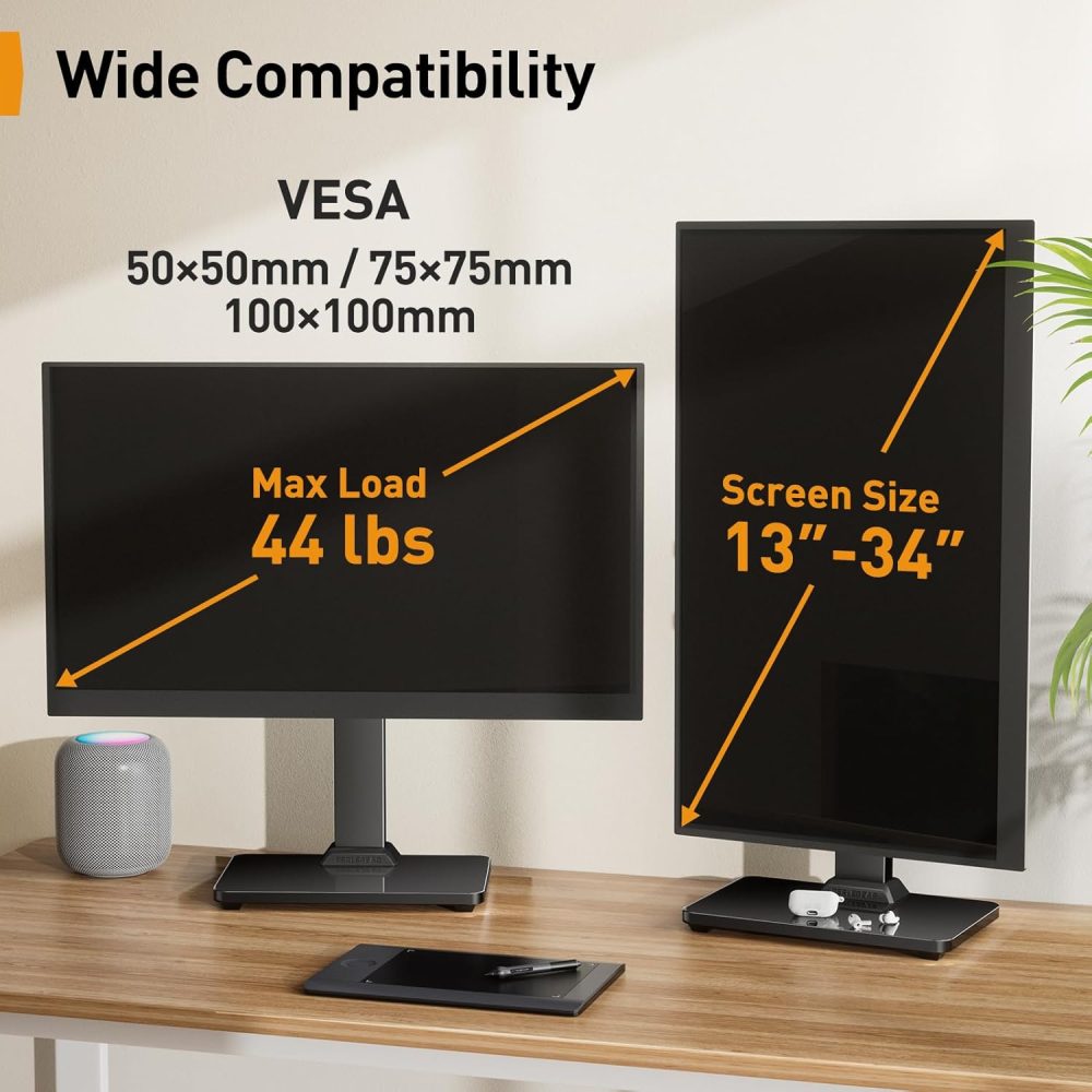 Perlegear Monitor Stand, Freestanding Monitor Mount for 13-34 inch Screens with 360 Degree Rotation, 5 Height Settings, Adjustable Monitor Desk Riser with Swivel and Tilt, Max VESA 100x100mm, PGTVS29 - Image 6