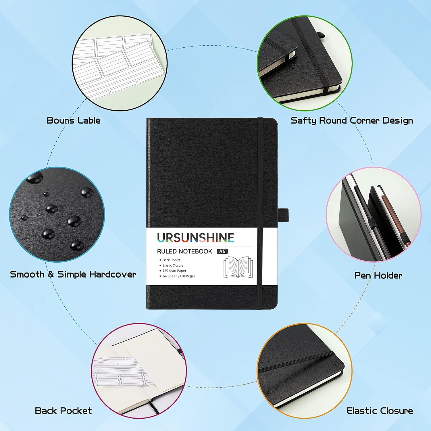 Ruled Notebook/Journal - Classic Lined Journal/Notebook, 5.3" x 8.26", Hardcover with Thick Paper, Banded + Pen Holder +Inner Pocket - Black - Image 5