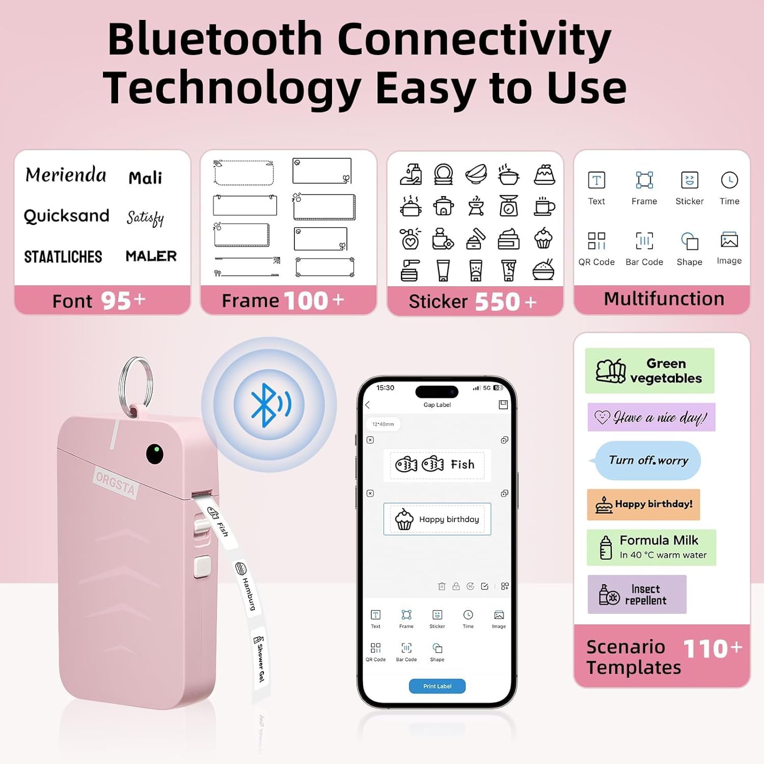 S001 Label Maker Machine with Tape, Portable Bluetooth Label Maker for Home and Office Organization, Thermal Label Printer Mini Label Maker with Multiple Templates, Pink - Image 2
