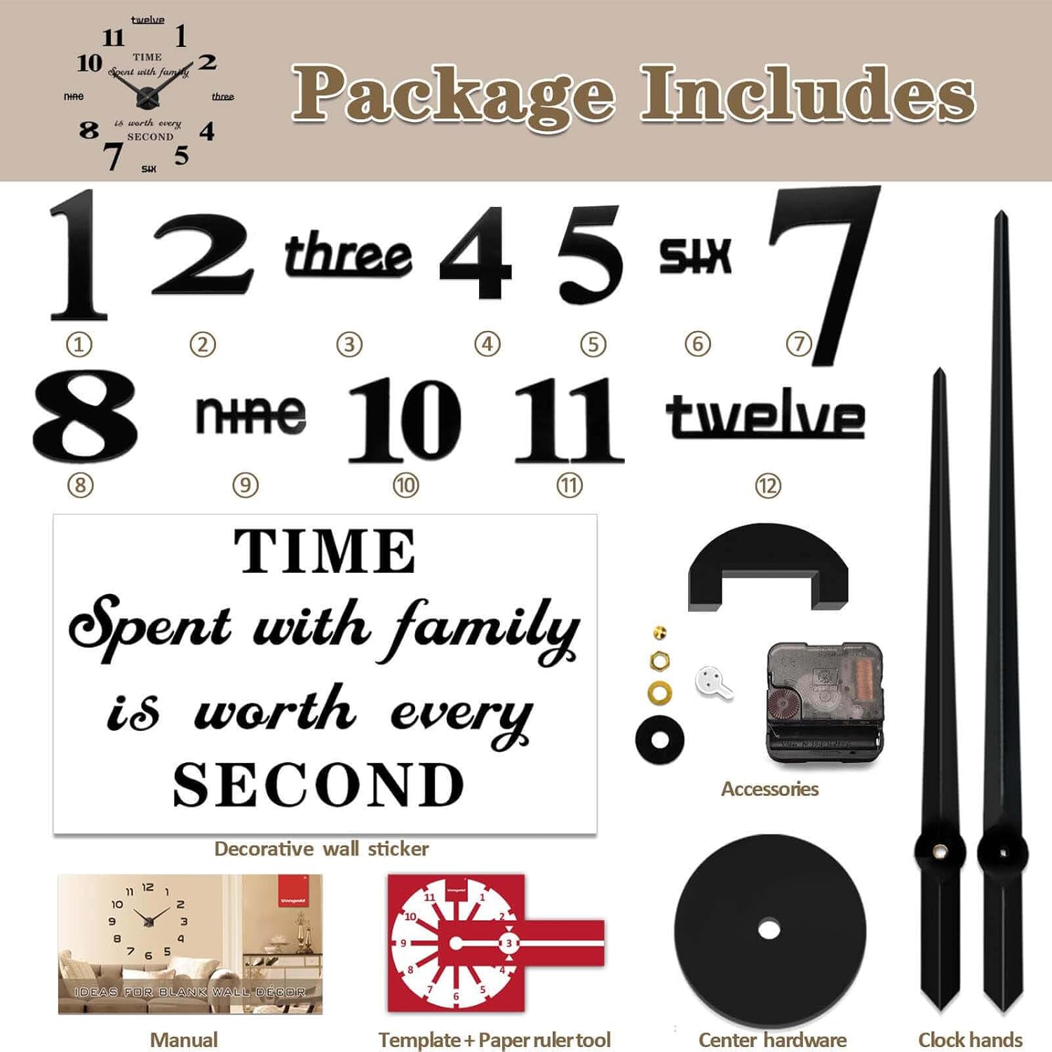 VANGOLD Large DIY Wall Clock Modern 3D Wall Clock with Mirror Numbers Stickers for Living Room Office Decorations Gift - Image 6