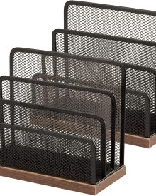 Wooden Desk Mail Organizer, Desktop File Organizer Metal Mesh with 3 Vertical Upright Compartments, Mail Sorter Letter Organizer Rack for Letters, Postcards, Brochures, Mail Holder (2 Pack Black)