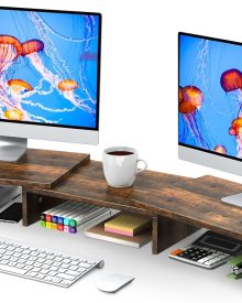 Zimilar Dual Monitor Stand Riser, Monitor Stand with Adjustable Length and Angle, Wood Monitor stand for desk, Monitor Riser for 2 monitors with Storage Space(Rust Brown Large)