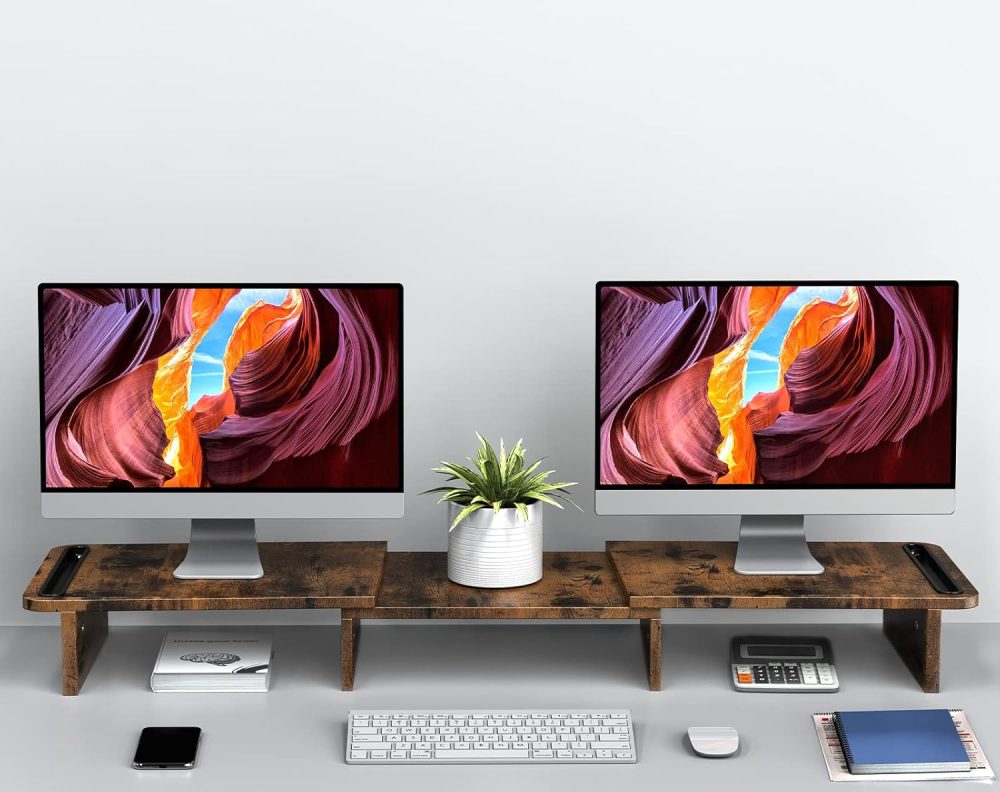 Zimilar Dual Monitor Stand Riser, Monitor Stand with Adjustable Length and Angle, Wood Monitor stand for desk, Monitor Riser for 2 monitors with Storage Space(Rust Brown Large) - Image 3