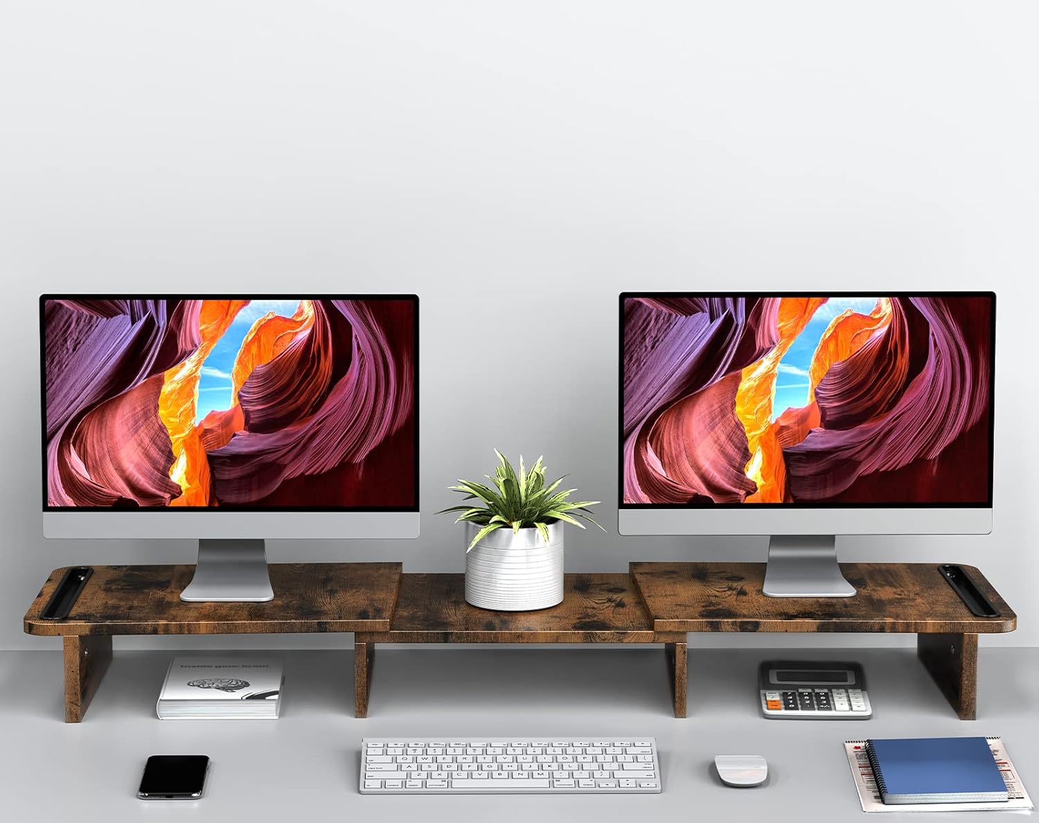Zimilar Dual Monitor Stand Riser, Monitor Stand with Adjustable Length and Angle, Wood Monitor stand for desk, Monitor Riser for 2 monitors with Storage Space(Rust Brown Large) - Image 3