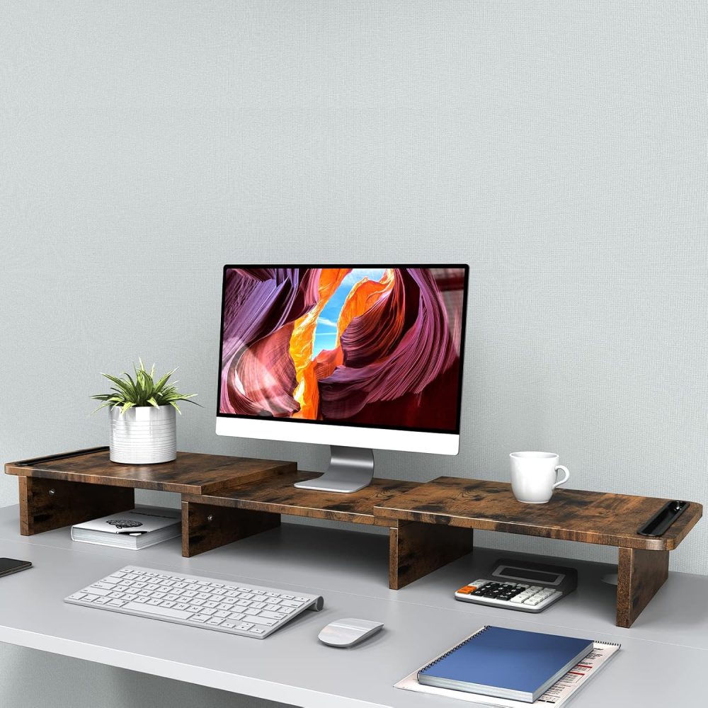 Zimilar Dual Monitor Stand Riser, Monitor Stand with Adjustable Length and Angle, Wood Monitor stand for desk, Monitor Riser for 2 monitors with Storage Space(Rust Brown Large) - Image 4