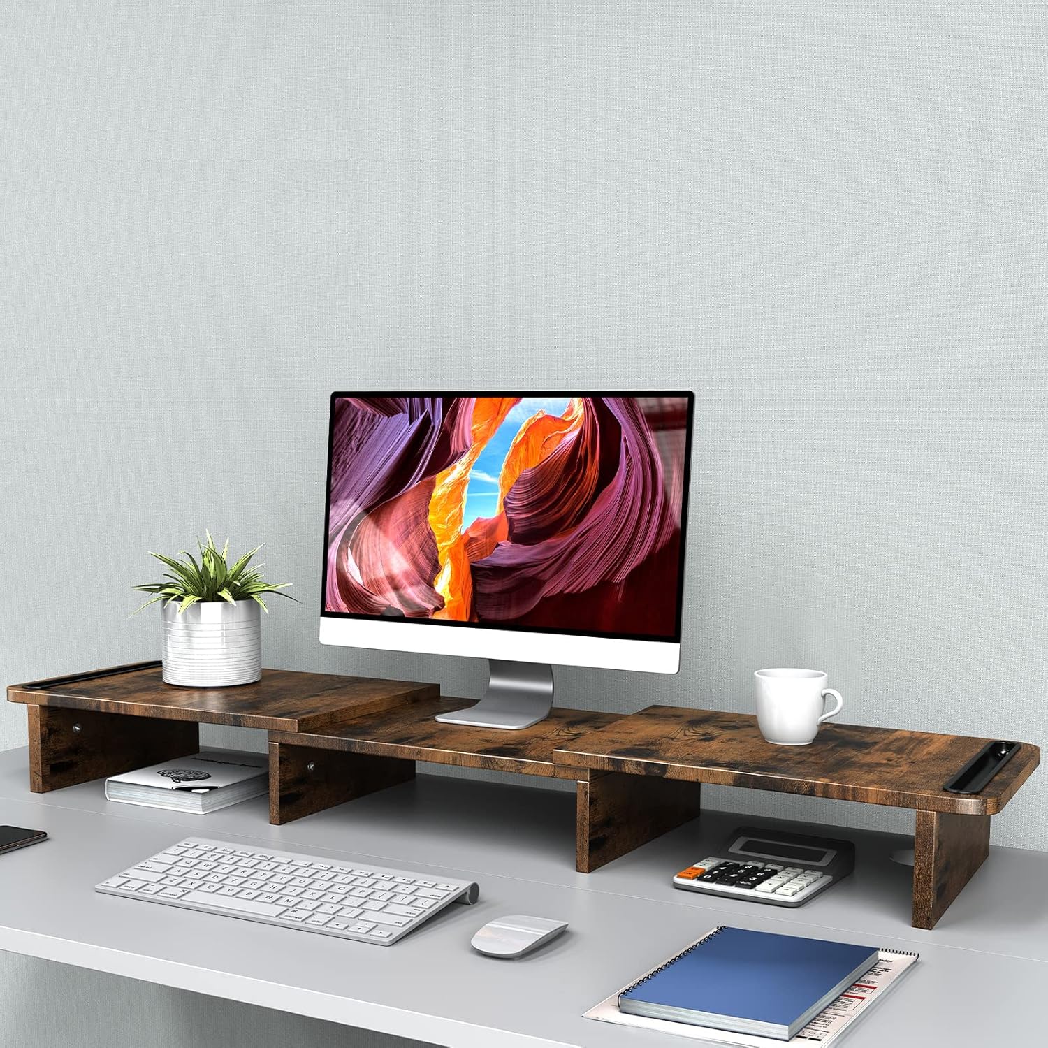 Zimilar Dual Monitor Stand Riser, Monitor Stand with Adjustable Length and Angle, Wood Monitor stand for desk, Monitor Riser for 2 monitors with Storage Space(Rust Brown Large) - Image 4