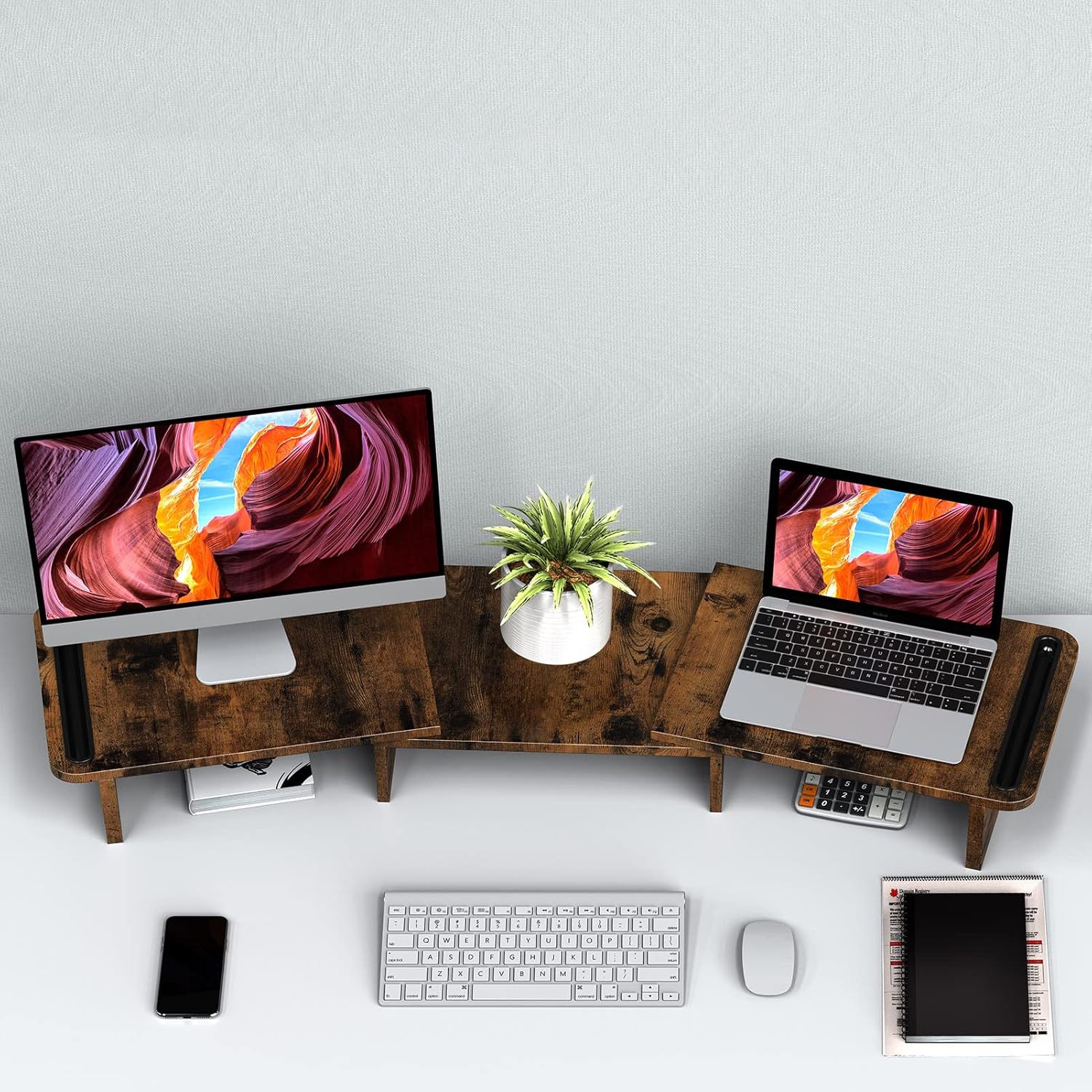 Zimilar Dual Monitor Stand Riser, Monitor Stand with Adjustable Length and Angle, Wood Monitor stand for desk, Monitor Riser for 2 monitors with Storage Space(Rust Brown Large) - Image 6