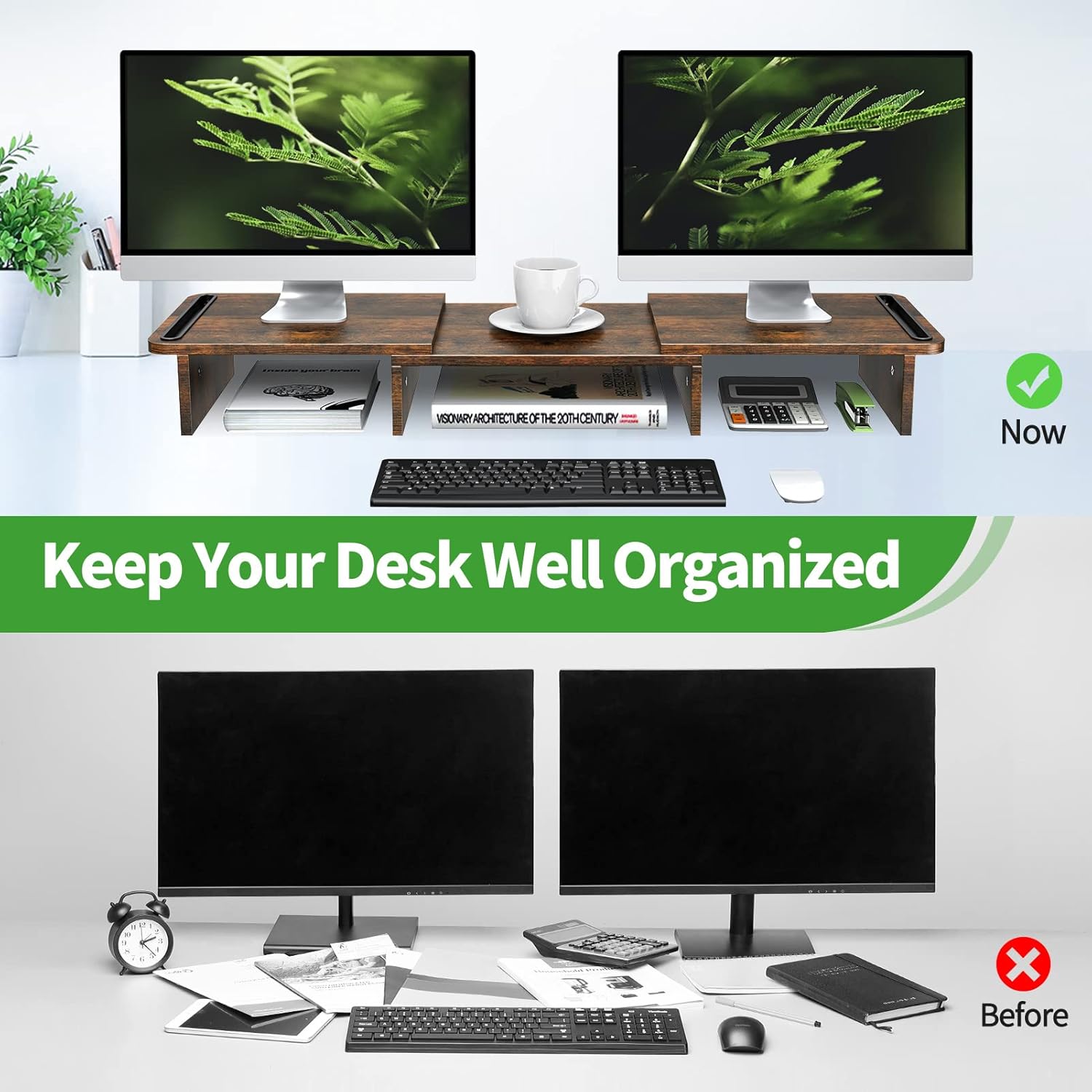 Zimilar Dual Monitor Stand Riser, Monitor Stand with Adjustable Length and Angle, Wood Monitor stand for desk, Monitor Riser for 2 monitors with Storage Space(Rust Brown Large) - Image 8